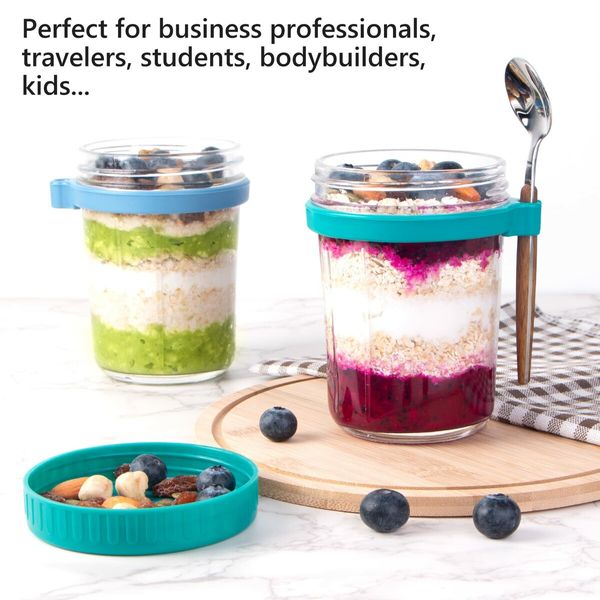 Overnight Oats Containers with Lids and Spoon,Mason Jars for Overnight Oats,350ml Glass Oatmeal Container to Go for Chia Pudding Yogurt Salad Cereal Meal Prep Jars (4 Pack)