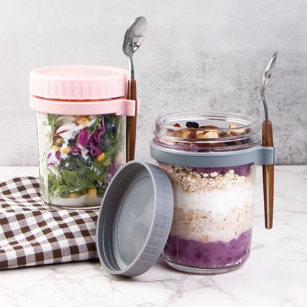 Overnight Oats Containers with Lids and Spoon,Mason Jars for Overnight Oats,350ml Glass Oatmeal Container to Go for Chia Pudding Yogurt Salad Cereal Meal Prep Jars (4 Pack)