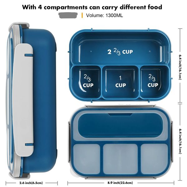 Bento Box for Kids, Lunch Box 4 Compartments (with Mini-Containers, Fruit Picks, Silicone Muffin Cup), Adult Leakproof Bento Lunch Box for School (Blue)