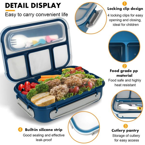 Bento Box for Kids, Lunch Box 4 Compartments (with Mini-Containers, Fruit Picks, Silicone Muffin Cup), Adult Leakproof Bento Lunch Box for School (Blue)