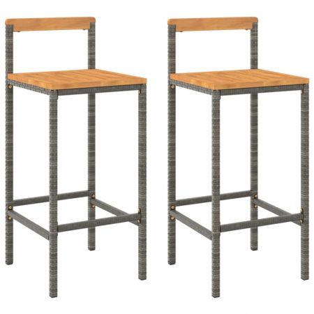 Bar Stools 2 pcs Grey Poly Rattan and Solid Wood Acacia