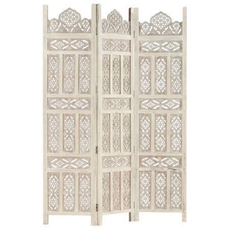 Hand carved 3-Panel Room Divider White 120x165 cm Solid Mango Wood