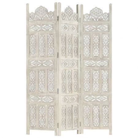 Hand carved 3-Panel Room Divider White 120x165 cm Solid Mango Wood