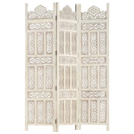 Hand carved 3-Panel Room Divider White 120x165 cm Solid Mango Wood