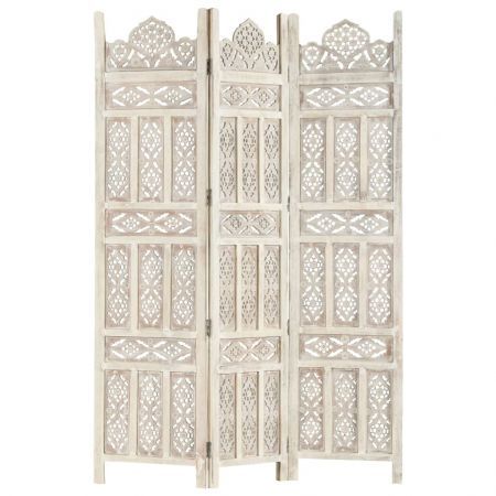 Hand carved 3-Panel Room Divider White 120x165 cm Solid Mango Wood