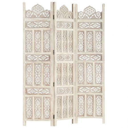 Hand carved 3-Panel Room Divider White 120x165 cm Solid Mango Wood