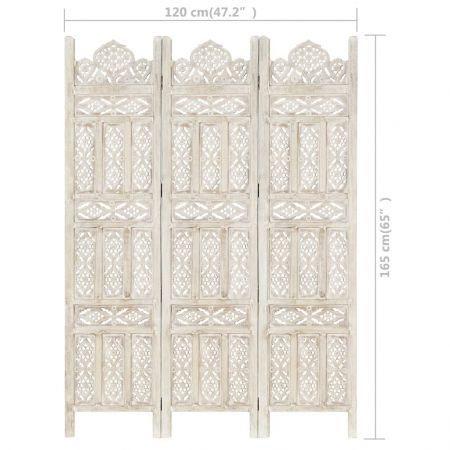 Hand carved 3-Panel Room Divider White 120x165 cm Solid Mango Wood