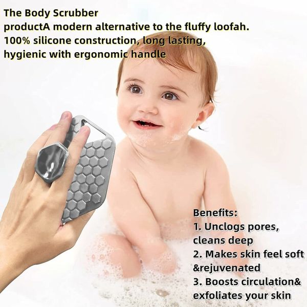 Soft Silicone Body Scrubber and Storage Hook, Handheld Shower Cleansing Brush (Bath Brush  Gray)