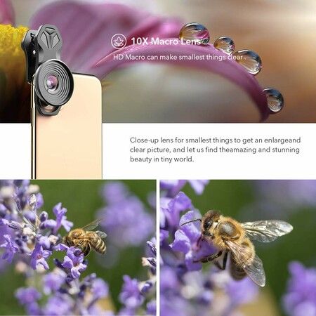 5 -in-1 HD Mobile Phone Camera Phone Lens Set-10x Macro Lens,2X Telephoto Lens,110°Wide Angle,170°Super Wide Angle,195°Fisheye for Smartphones