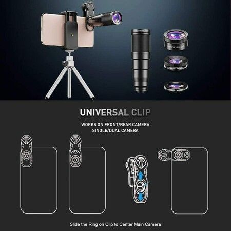 6 in 1 Phone Lens Kit - 22X Telephoto Lens,205° Fisheye Lens,120° Wide Angle Lens Compatible with Smartphone