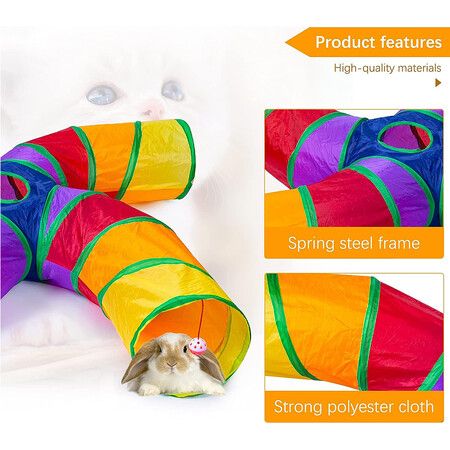 4-Way S-Shape Collapsible Tube with Interactive Ball and Storage Bag, Toys for Small Pets Cats Puppy Kitten Rabbits (Rainbow)