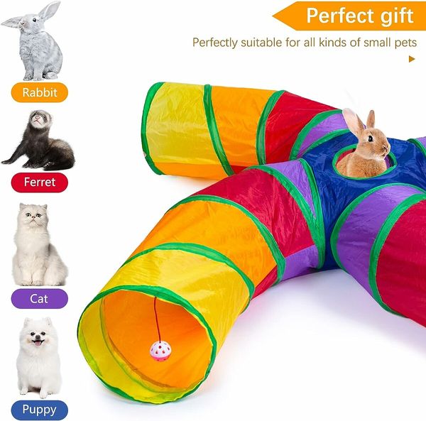 4-Way S-Shape Collapsible Tube with Interactive Ball and Storage Bag, Toys for Small Pets Cats Puppy Kitten Rabbits (Rainbow)