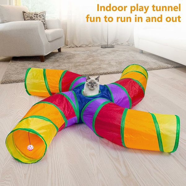 4-Way S-Shape Collapsible Tube with Interactive Ball and Storage Bag, Toys for Small Pets Cats Puppy Kitten Rabbits (Rainbow)