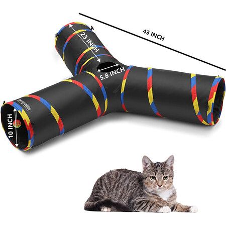 3-Way Cat Tunnels for Indoor Cats, Collapsible Tube Cat Tunnel Toy, Bell Ball for Playing Pet Puppy Kitten Rabbit (Black)