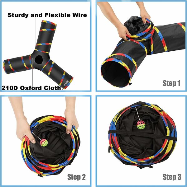 3-Way Cat Tunnels for Indoor Cats, Collapsible Tube Cat Tunnel Toy, Bell Ball for Playing Pet Puppy Kitten Rabbit (Black)