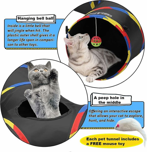 3-Way Cat Tunnels for Indoor Cats, Collapsible Tube Cat Tunnel Toy, Bell Ball for Playing Pet Puppy Kitten Rabbit (Black)