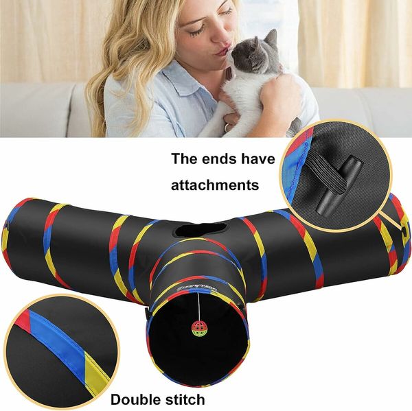 3-Way Cat Tunnels for Indoor Cats, Collapsible Tube Cat Tunnel Toy, Bell Ball for Playing Pet Puppy Kitten Rabbit (Black)