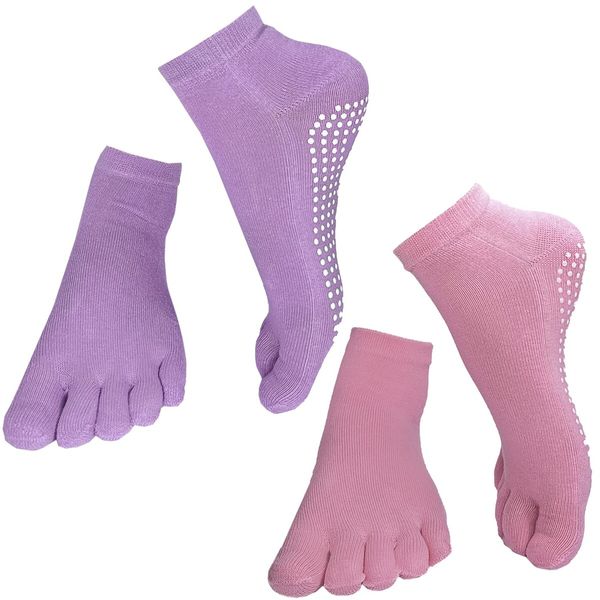 2 Pairs Yoga Socks for Women with Grips, Pilates Socks, Barre Socks ,Women's Non-Slip Grip Toe Socks-Pink & Purple