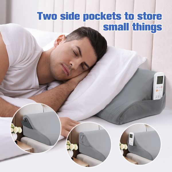 King Size Bed Pillow Wedge Gap Filler Cushion Foam Headboard Bedrest Comfortable with Side Pockets Grey