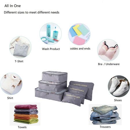 6Pcs Travel Luggage Packing Organizer, Packing Cubes, Luggage Organizer Bag (Grey)