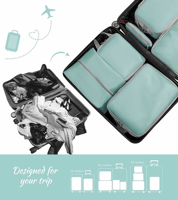 Compression Packing Cubes for Suitcases Travel Essentials 8 Set Expandable Travel Bags Organizer for Luggage(8pcs-turquoise)