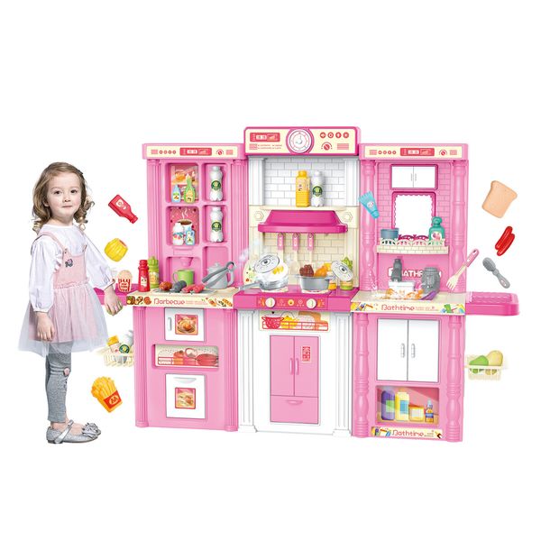 3 IN 1 Pretend Kitchen Play Role Cooking Toys Set Children Cookery Cookware Playset Plastic Accessories Kids Toddler Gift Pink