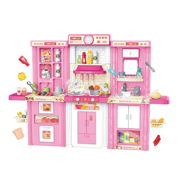 3 IN 1 Pretend Kitchen Play Role Cooking Toys Set Children Cookery Cookware Playset Plastic Accessories Kids Toddler Gift Pink