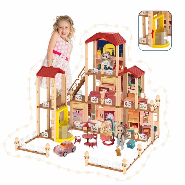 Doll House Barbie Dream Play Furniture Playhouses Toys Dollhouse Princess Castle Light with Elevator 8 Rooms 3 Stories 79cm