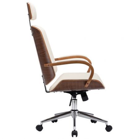 Swivel Office Chair with Headrest Cream Faux Leather and Bentwood