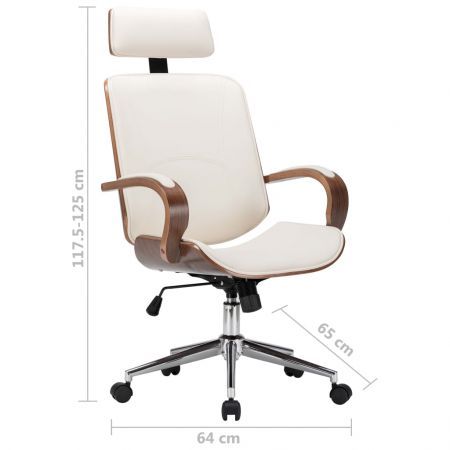 Swivel Office Chair with Headrest Cream Faux Leather and Bentwood