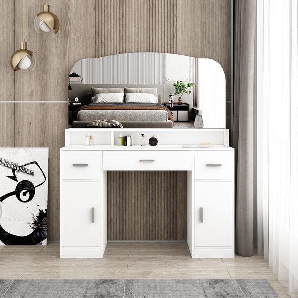 Dressing Table Vanity Mirror Dresser Makeup Desk With 3 Drawers Storage Bedroom Furniture White Modern