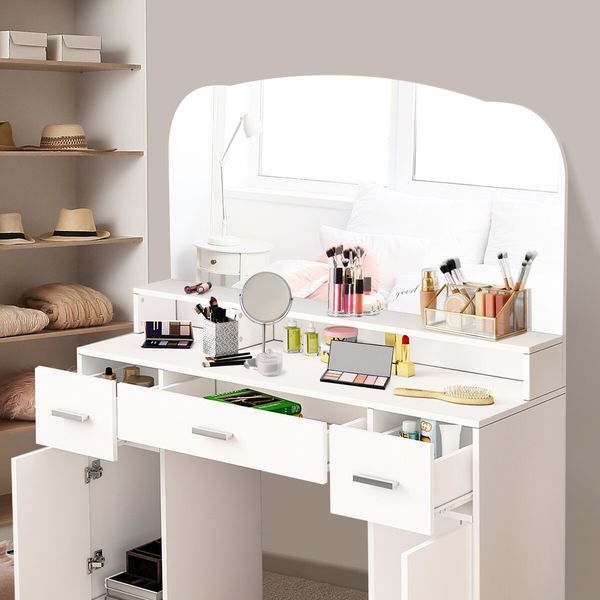 Dressing Table Vanity Mirror Dresser Makeup Desk With 3 Drawers Storage Bedroom Furniture White Modern