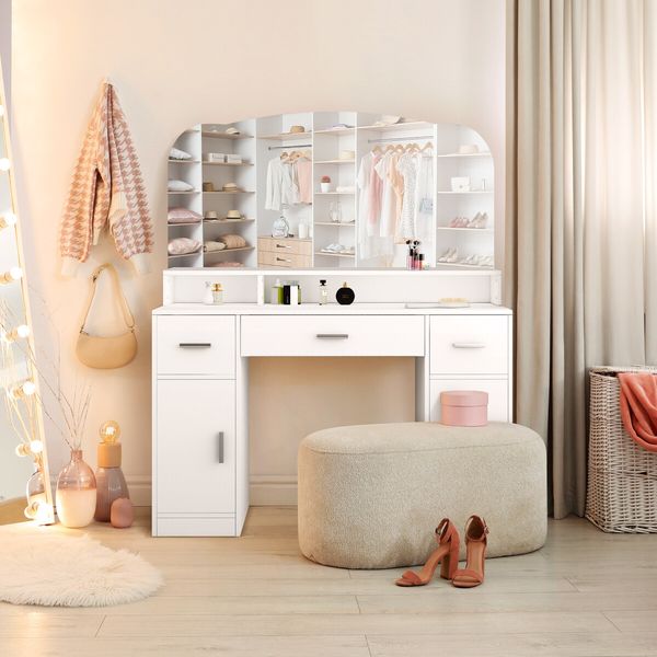 Dressing Table Vanity Mirror Dresser Makeup Desk With 3 Drawers Storage Bedroom Furniture White Modern