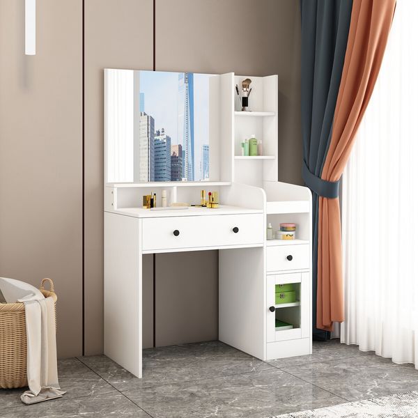 Dressing Table Vanity Mirror Dresser Makeup Desk With Drawers Storage 4 Shelves Bedroom Furniture White Modern