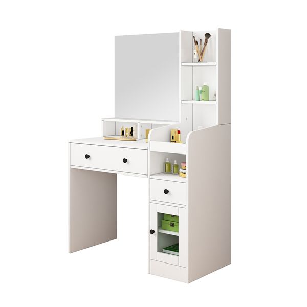 Dressing Table Vanity Mirror Dresser Makeup Desk With Drawers Storage 4 Shelves Bedroom Furniture White Modern