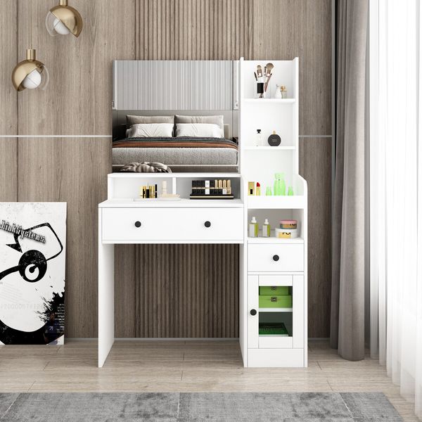 Dressing Table Vanity Mirror Dresser Makeup Desk With Drawers Storage 4 Shelves Bedroom Furniture White Modern