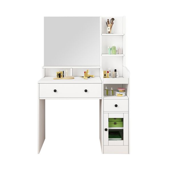 Dressing Table Vanity Mirror Dresser Makeup Desk With Drawers Storage 4 Shelves Bedroom Furniture White Modern