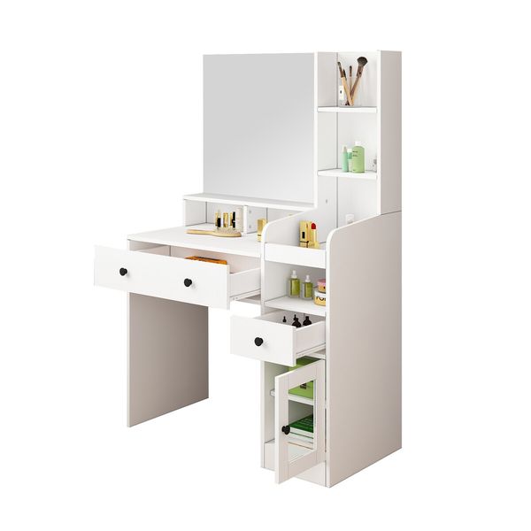 Dressing Table Vanity Mirror Dresser Makeup Desk With Drawers Storage 4 Shelves Bedroom Furniture White Modern