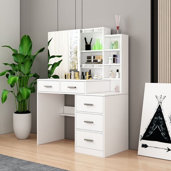 Dressing Table Vanity Mirror Dresser Makeup Desk With 3 Drawers 3 Storage Shelves Bedroom Furniture White Modern