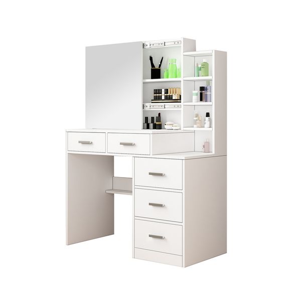 Dressing Table Vanity Mirror Dresser Makeup Desk With 3 Drawers 3 Storage Shelves Bedroom Furniture White Modern