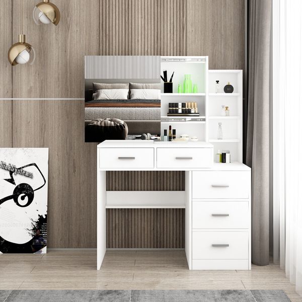 Dressing Table Vanity Mirror Dresser Makeup Desk With 3 Drawers 3 Storage Shelves Bedroom Furniture White Modern