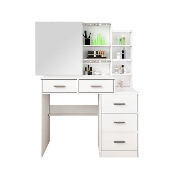 Dressing Table Vanity Mirror Dresser Makeup Desk With 3 Drawers 3 Storage Shelves Bedroom Furniture White Modern