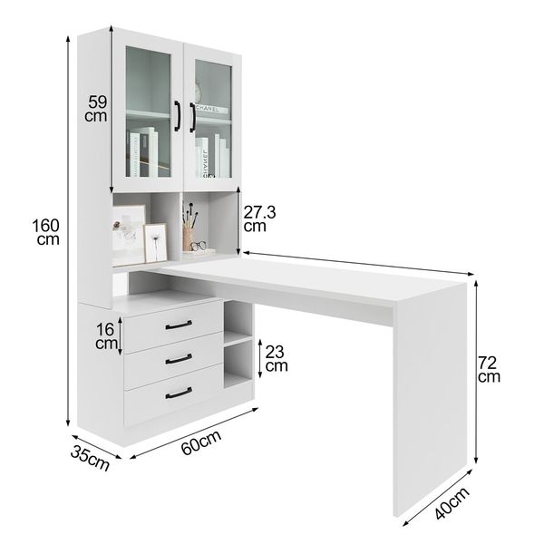 White Computer Desk Bookcase Office Study Writing Laptop Table Shelving Bookshelf Workstation with Drawers Shelves Cabinets