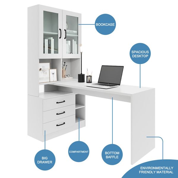 White Computer Desk Bookcase Office Study Writing Laptop Table Shelving Bookshelf Workstation with Drawers Shelves Cabinets