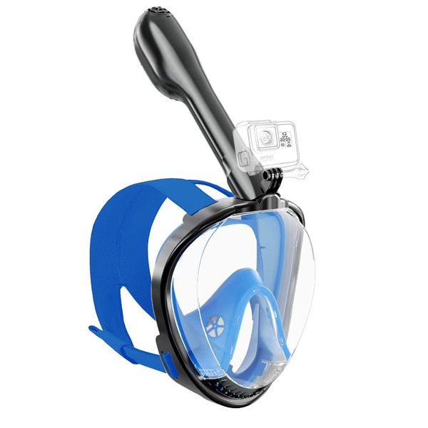 Underwater Snorkeling Mask Full Face Water Sport Scuba Diving Snorkeling Masks Wide View Anti-Fog Submarine Mask Color Black And Blue Size S/M