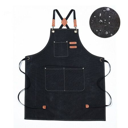 Waterproof Chef Aprons for Men Women with Large Pockets Cotton Canvas Cross Back Adjustable Work Apron Size M to XXL(Black)