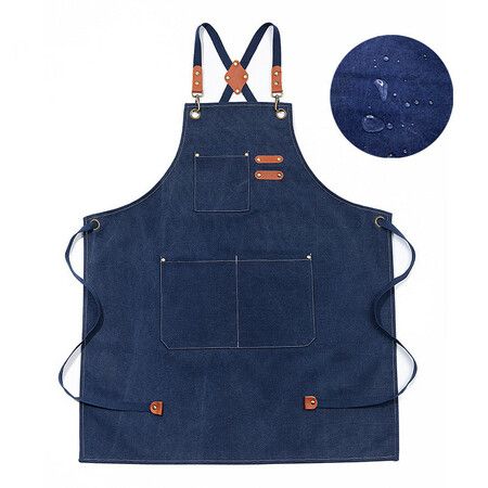 Waterproof Chef Aprons for Men Women with Large Pockets Cotton Canvas Cross Back Adjustable Work Apron Size M to XXL(Darkblue)