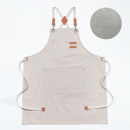 Waterproof Chef Aprons for Men Women with Large Pockets Cotton Canvas Cross Back Adjustable Work Apron Size M to XXL(Beige)