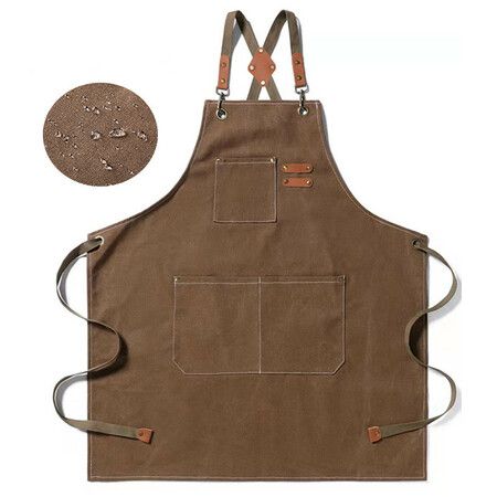 Waterproof Chef Aprons for Men Women with Large Pockets Cotton Canvas Cross Back Adjustable Work Apron Size M to XXL(Brown)