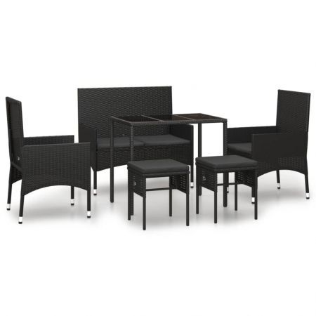 6 Piece Garden Lounge Set with Cushions Black Poly Rattan